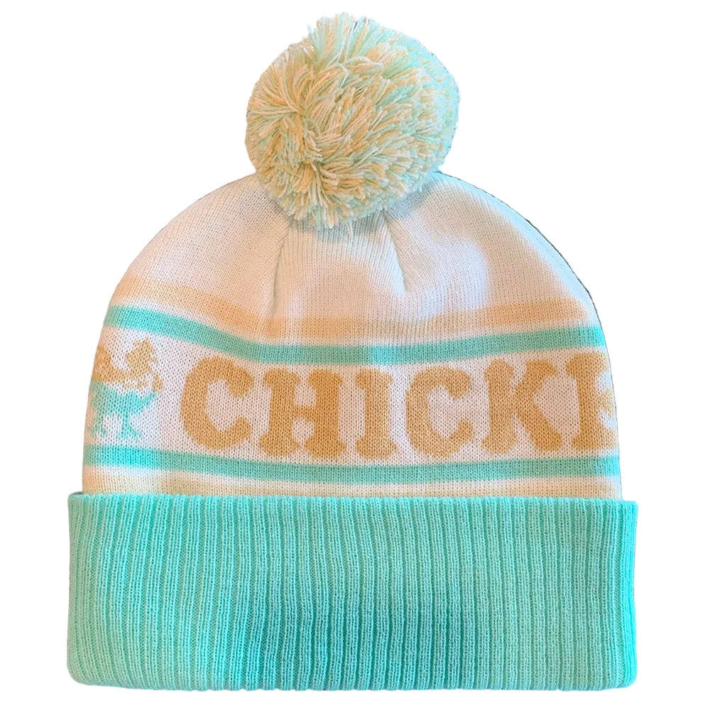 Beige and teal beanie with 'CHICKEN BOX' text