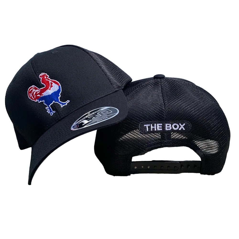 Two black Chicken Box baseball caps with logos and The Box text