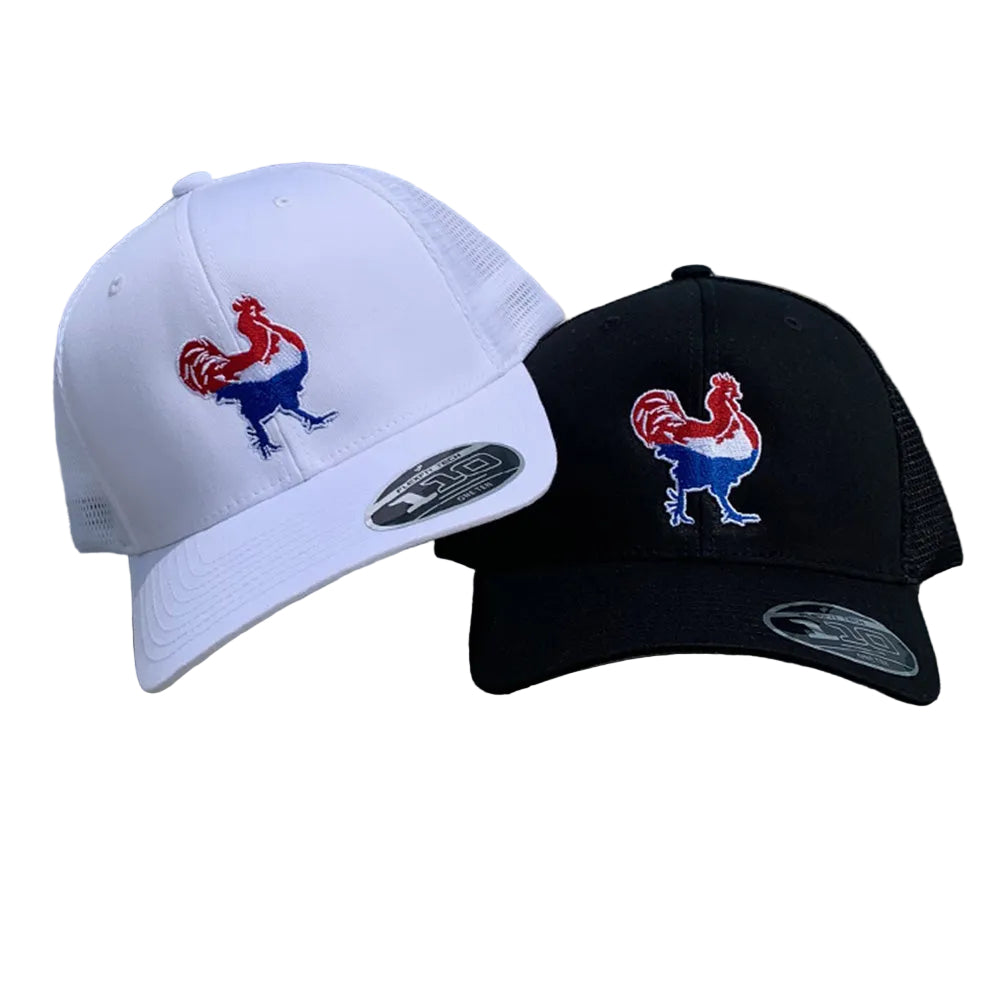 Two hats with Chicken Box rooster logos