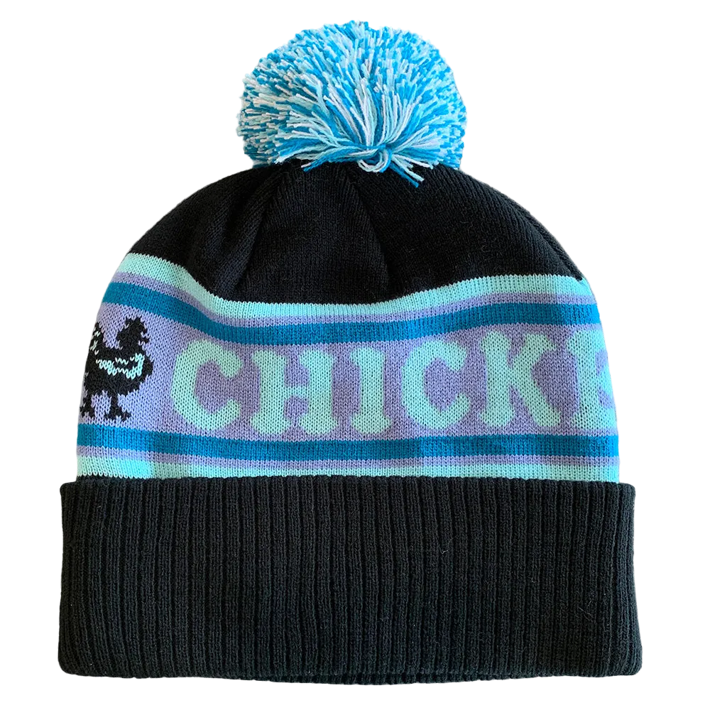 Black knit beanie with blue pom-pom and 'CHICKEN BOX' text
