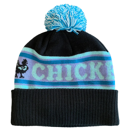 Black knit beanie with blue pom-pom and 'CHICKEN BOX' text