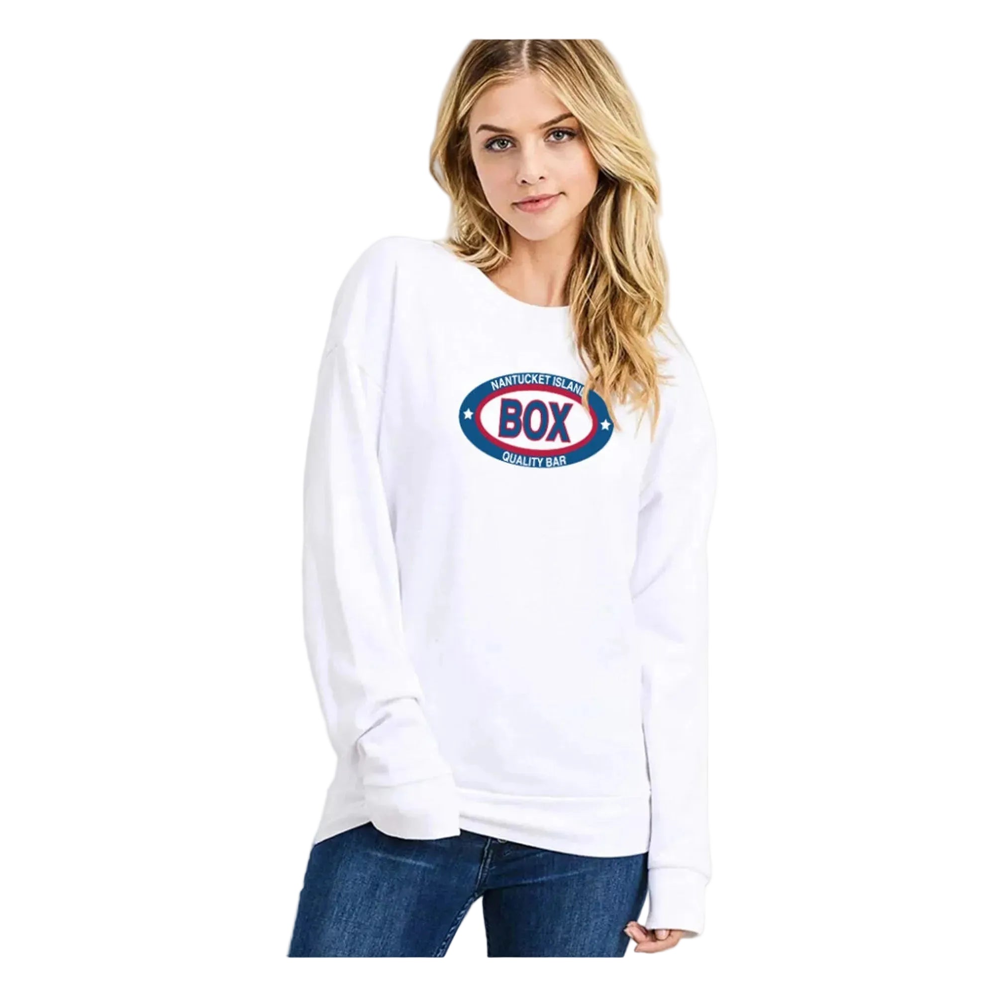 Woman wearing a white long sleeve shirt with a BOX logo on a white background