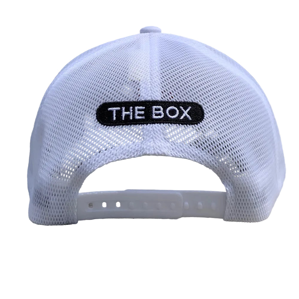 White mesh cap with 'THE BOX' logo