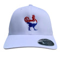 White cap with a red and blue Chicken Box rooster logo