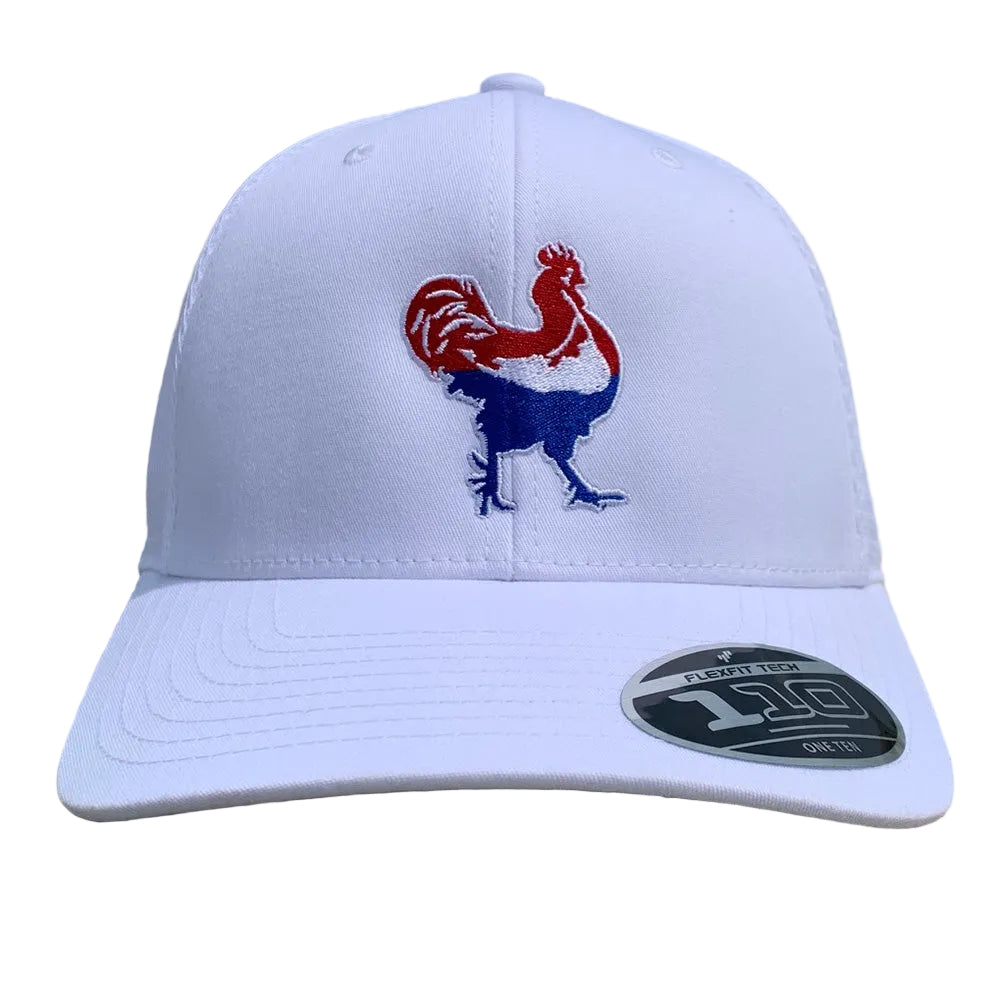 White cap with a red and blue Chicken Box rooster logo
