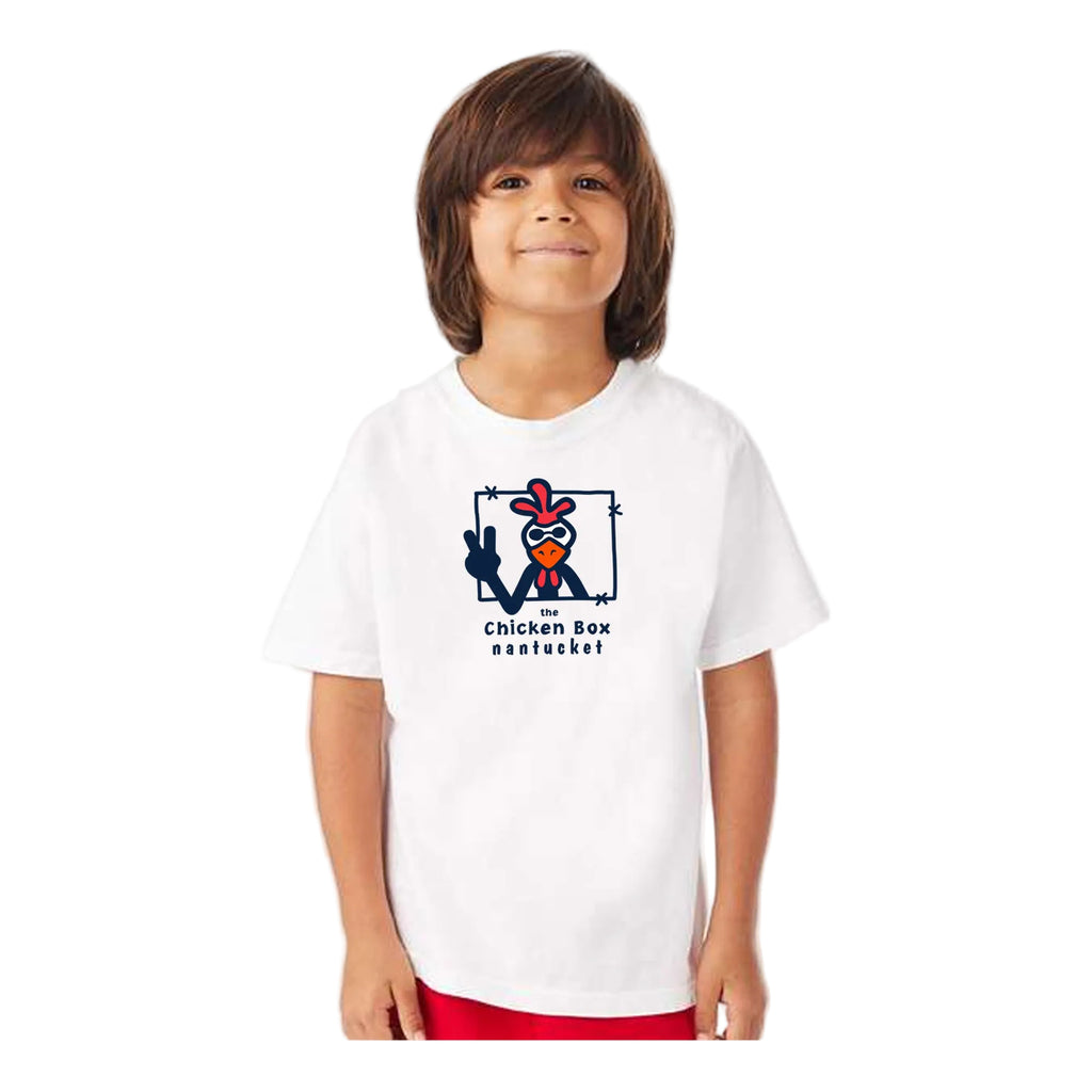 Child wearing a white t-shirt with a Chicken Box Nantucket logo and text on a white background