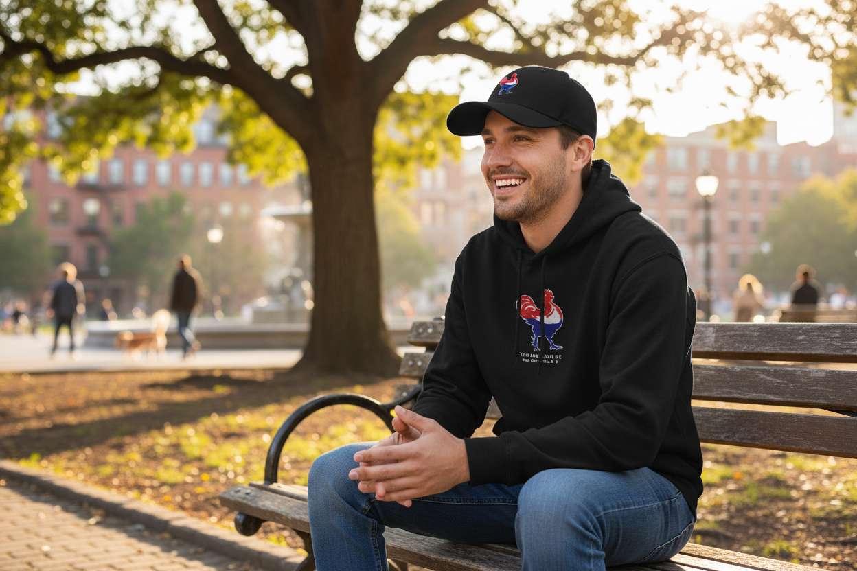 Lifestyle shot with Red White and Blue Chicken Hat and Hoodie