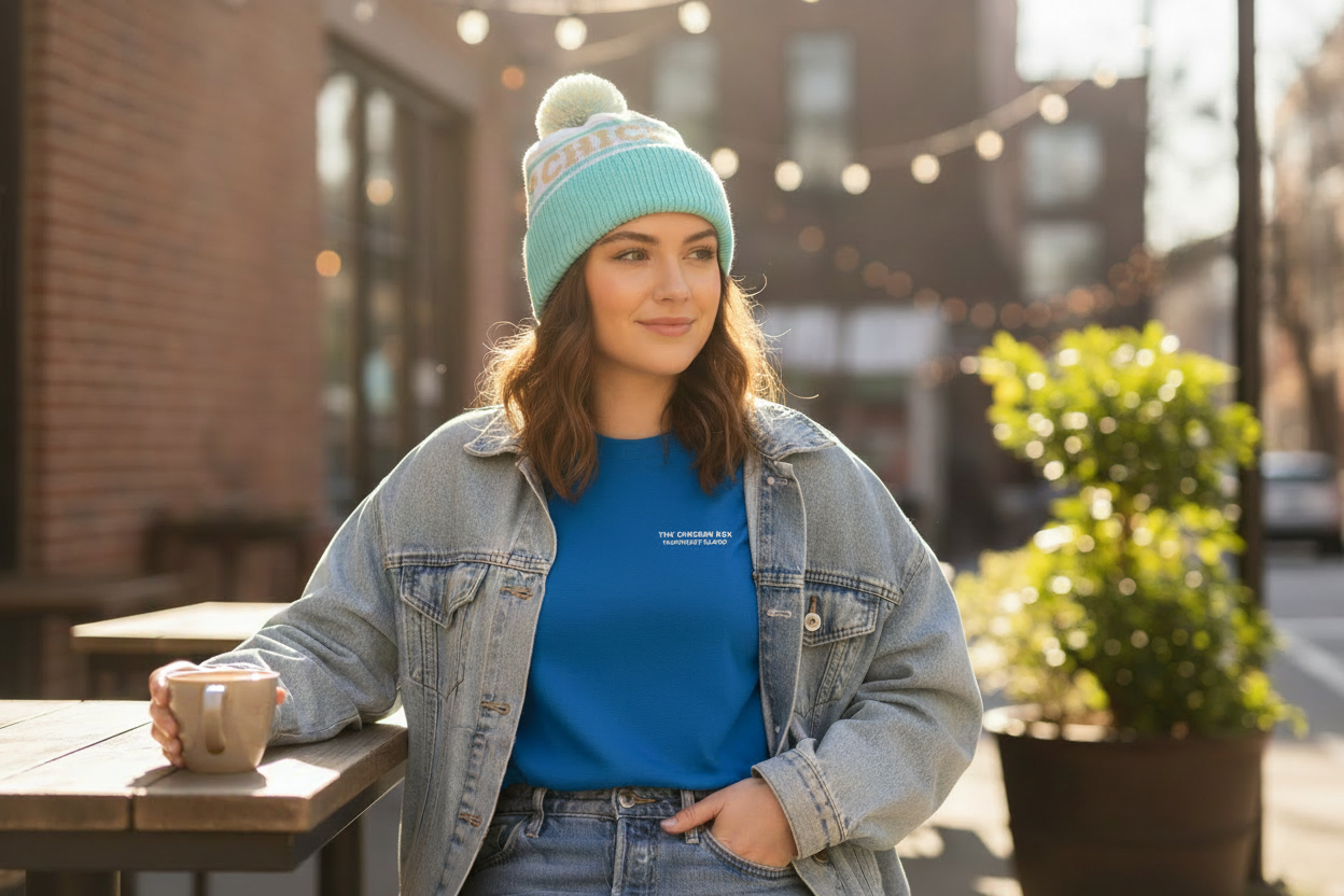 Lifestyle shot with woman wearing Chicken Box Knit Hat and T-shirt
